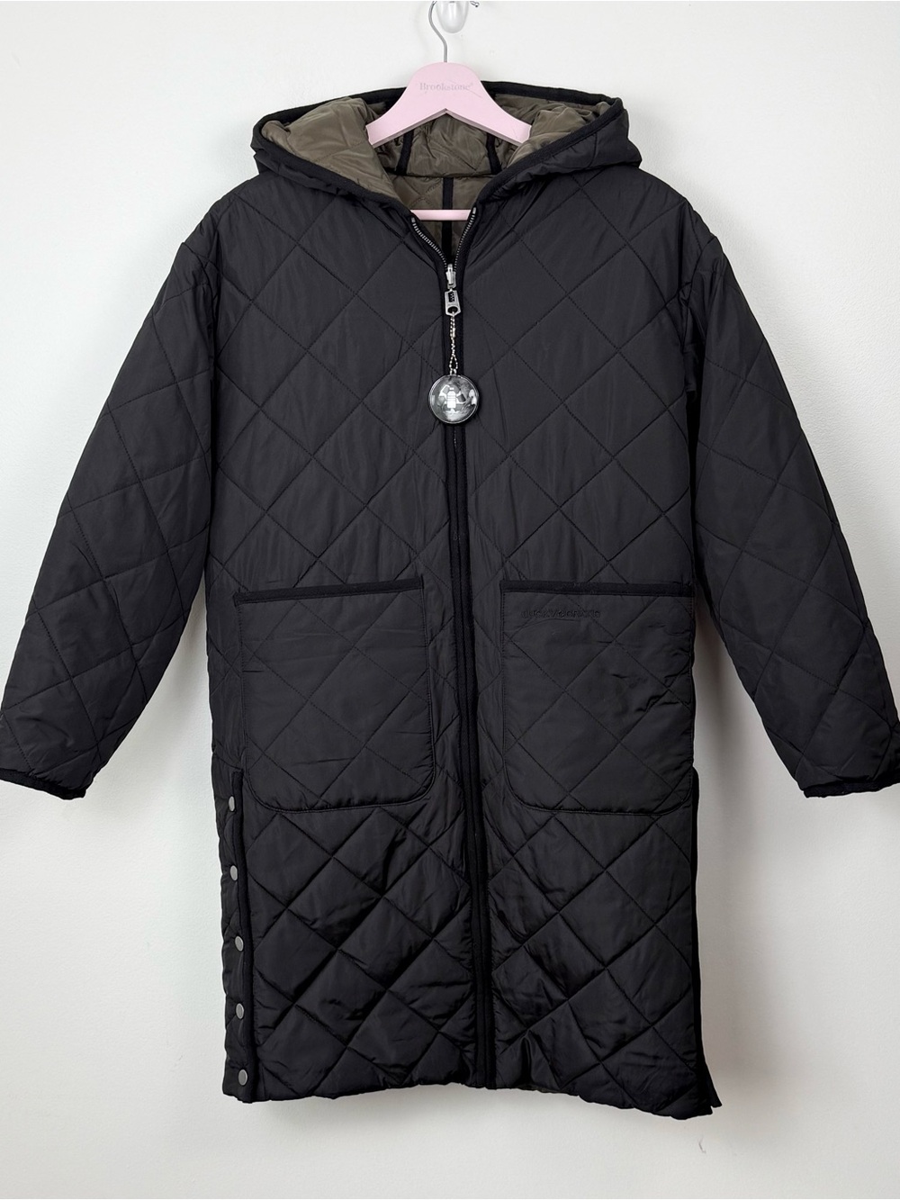 Lucky Brand Reversible Black Olive Green Diamond-Quilted Hooded Puffer Coat XS